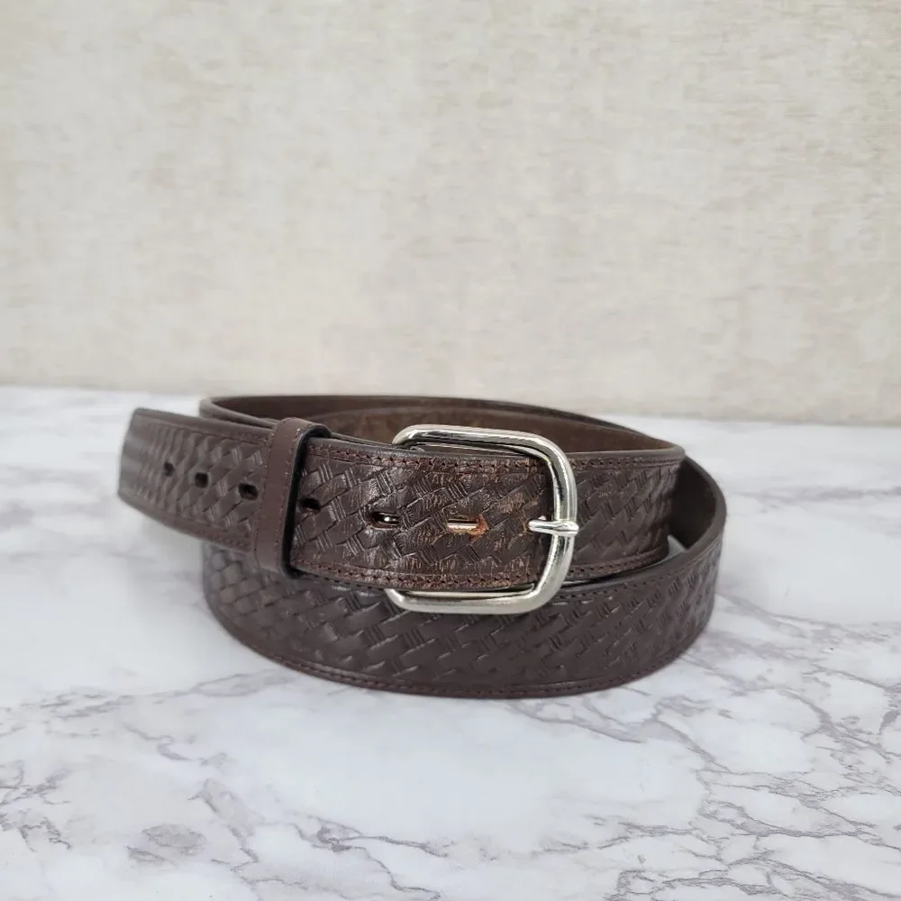 Brown Leather Belt for Men Basket Weave Embossed Design